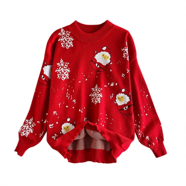 RKSTN Chandail de Noël Laid pour Femmes Mode Automne 2023 Chandails Tricotés à Manches Longues Imprimés de Noël Chandail Col Rond Décontracté Hauts