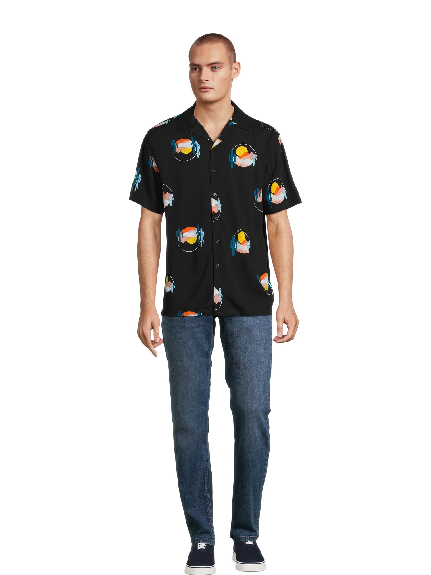 No Boundaries Men's Print Button Up Shirt with Short Sleeves, Sizes XS-3XL