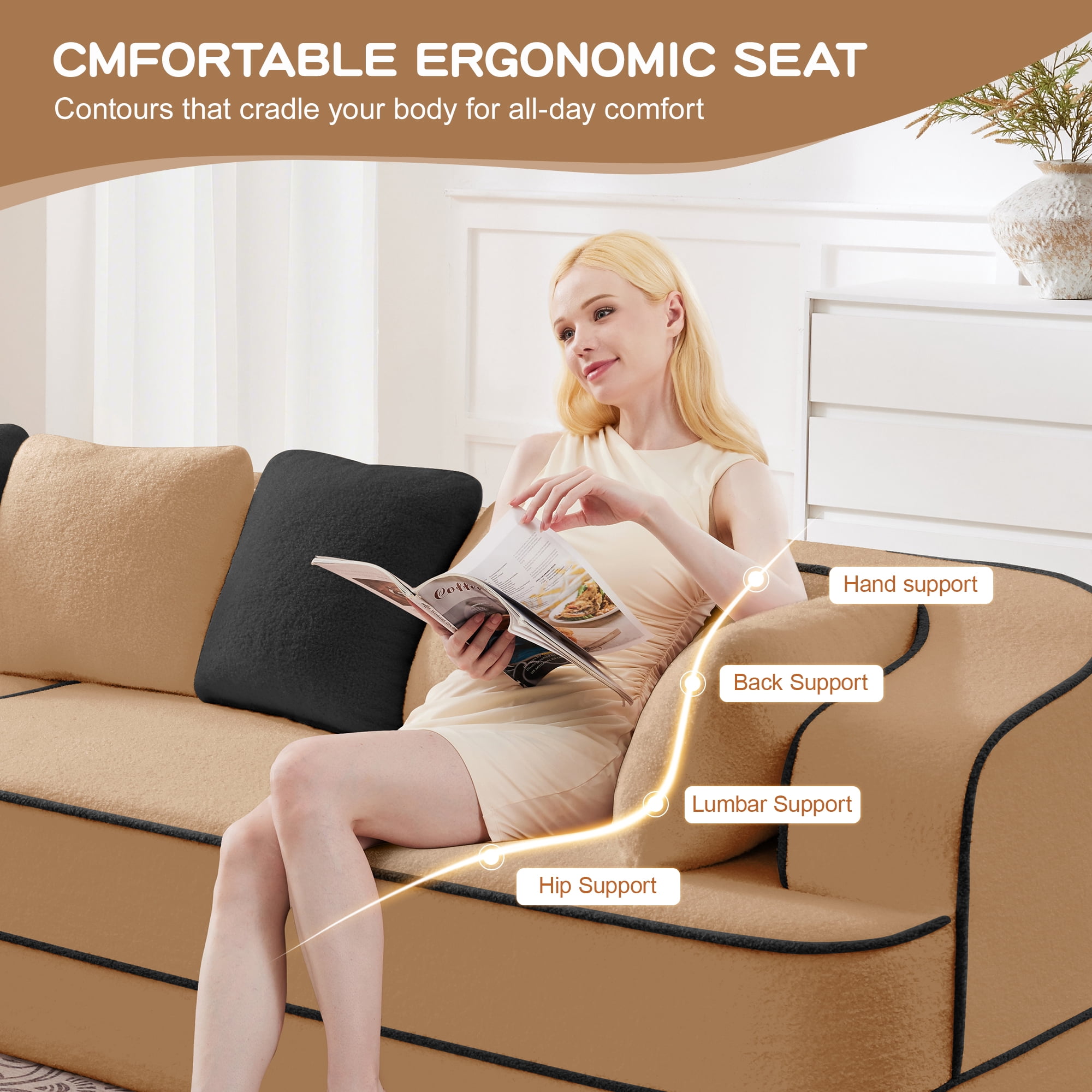 135" 4-Seat Teddy Fabric No Assembly 32D High Density sponge Boneless Sofa Fluffy Comfy Couch,Oversize sofa,Contrast color design,Symmetrical aesthetics,for Living Room,Camel