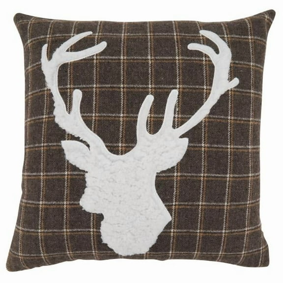 SARO 8900.BR18SP 18 in. Square Brown Plaid Reindeer Poly-Filled Throw Pillow