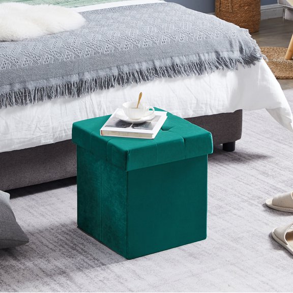 VECELO 15'' Square Folding Storage Ottoman Footrest, Tufted Velvet Footstool Box, Green