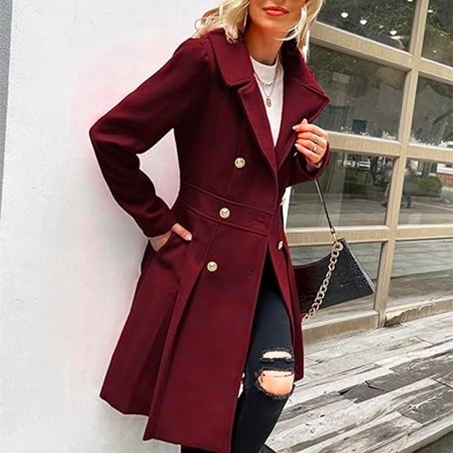WRKEKC Double-Breasted Wool Blend Coat Notched Lapel Functional Pockets Longline Formal Wear Fall Winter Plus Size Available Red M