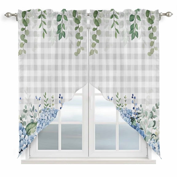 Swag Valance Curtains for Windows, Blue Flower Light Filtering Kitchen Curtains with Rod Pocket, Grey Plaid Hydrangeas Eucalyptus Leaves Window Treatment Valances for Living Room, 36x63 - 2 PCS
