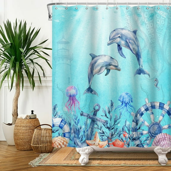 SUNOLIFE Ocean Dolphins Shower Curtain Sed World Fabric Bathroom Curtain,72x72 in