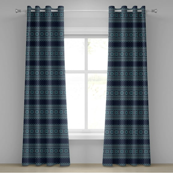 Ambesonne Nordic Grommet Curtain, Herringbone Snowflake, 50" x 72", Turquoise and Dark Blue