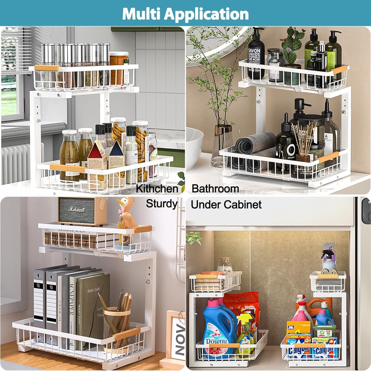 Under Sink Organizer 2 Pack, 2 Tier Slide Out Large Capacity Height Adjustable Under Sink Organizers and Storage for Kitchen Bathroom Cabinet, White