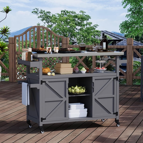 Garvee carrito para asador con cubierta de acero inoxidable, gabinete de almacenamiento, portaespecias, toallero y ruedas, ideal para BBQ y cocina exterior