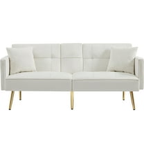 SYNGAR Sofas for Living Room, Velvet Upholstered Futon Sofa Bed Modern Convertible Folding Futon Lounge Couch for Apartment Dorm, Home Furniture Futon Sofa/Bed with Armrest, Gold Metal Legs, White