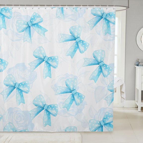 Blue Bow Shower Curtain Rose Floral Watercolor Fabric Bathroom Decor with Hooks 71x71 inches