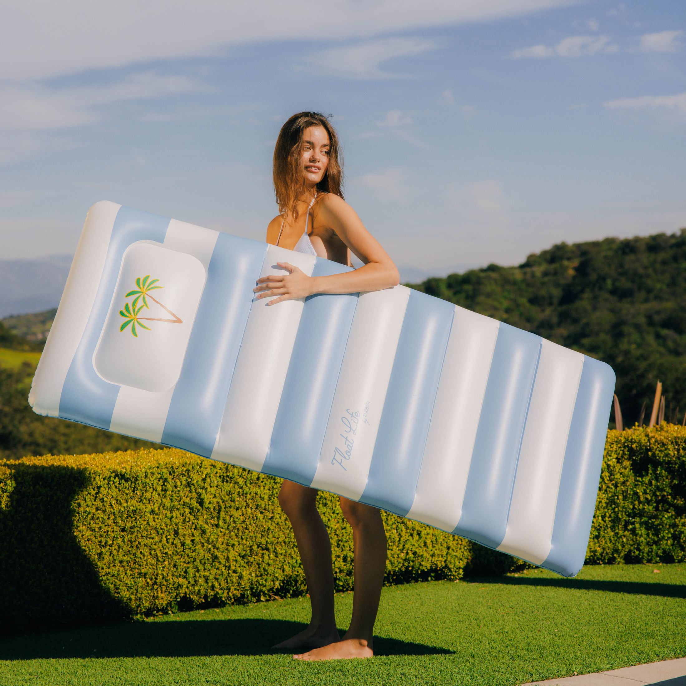 Float Life by FUNBOY Blue & White Striped Palm Pool Float Lounger, Oversized Design, Adults or kids Ages 8+