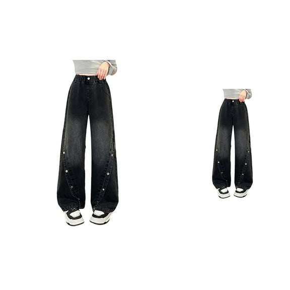 Girls Baggy Denim Cargo Pants with Elastic Waistband, Multiple Pockets – Wide Leg Casual Jeans for Tween Girls Ages 4-14