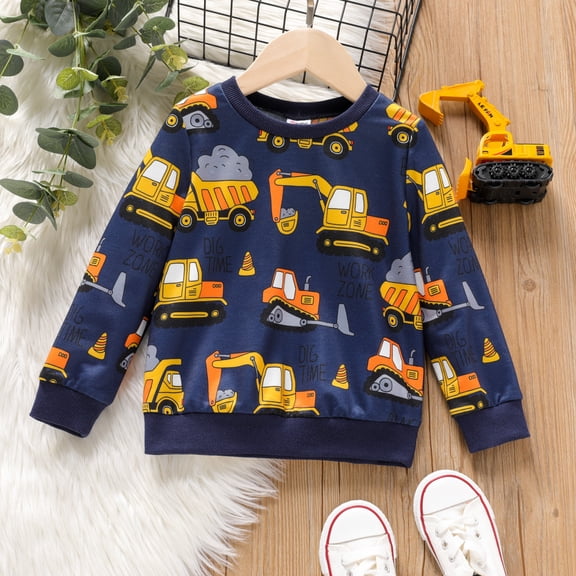 PatPat Toddler Sweatshirt Boys Clothes Vehicle Excavator Print Pullover Sweatshirt Kids Hoodie