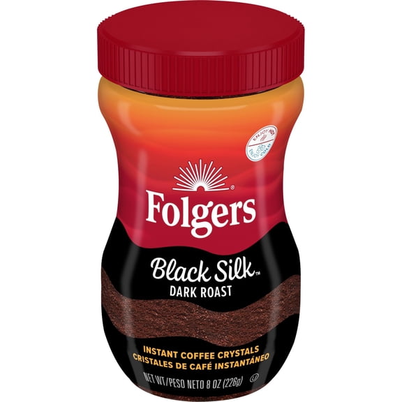 Folgers Black Silk Dark Roast Instant Coffee Crystals for Hot or Iced Coffee, 8 oz Jar