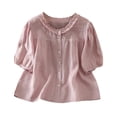 thumbnail image 2 of Gamivast Short Puff Sleeve Shirts for Women Ruffle Neck Button Down Blouses Casual Loose Fit Flowy Peplum Tops Summer Elegant Babydoll Tunic Tees for Women Pink XL, 2 of 7