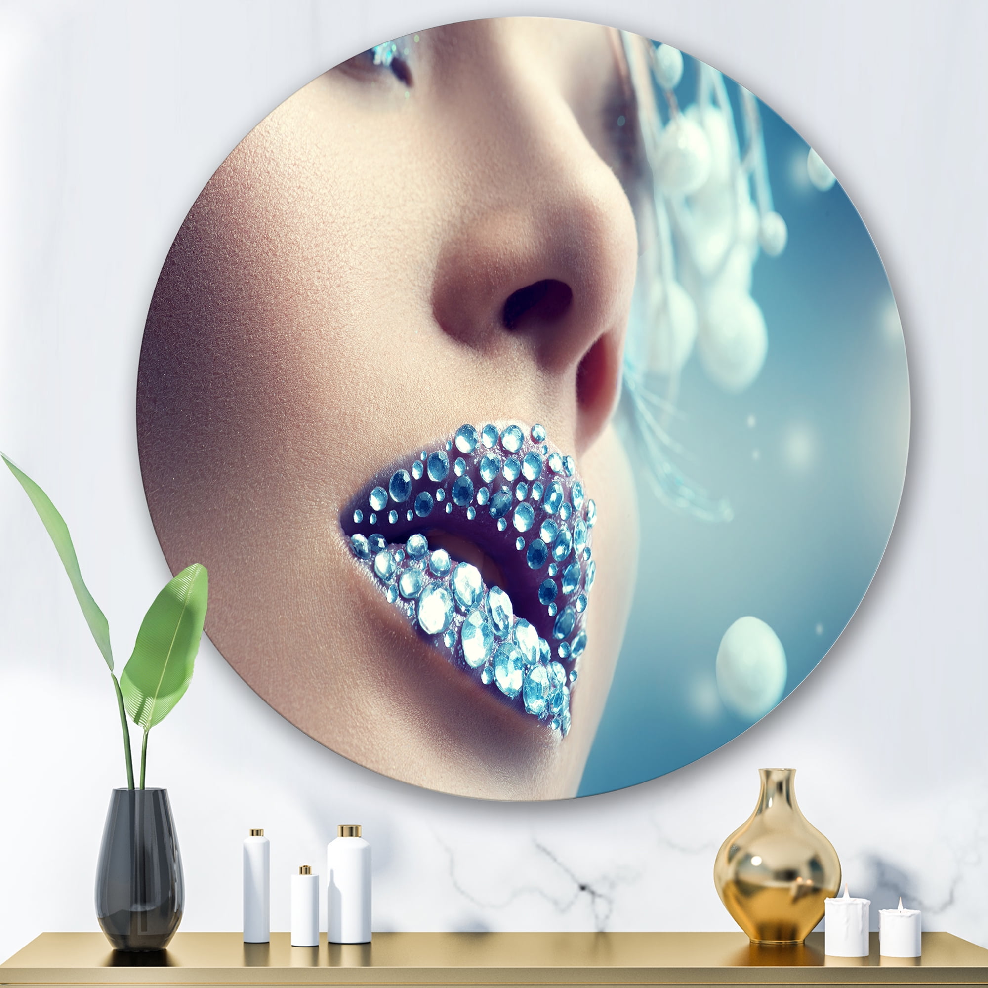 Designart 'Close-Up Of Gems On Female Lips' Modern Circle Metal Wall Art 29x29 - Disc of 29