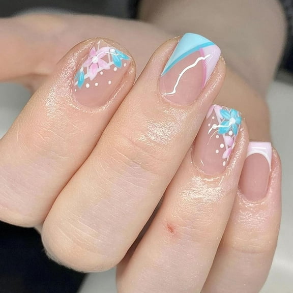 Spring Press on Nails Short Square Fake Nails White French Tip Nails Press ons Glossy Glue on Nails Nude Full Cover False Nails with White Flower Designs Artificial Stick on Nails for Women 24Pcs