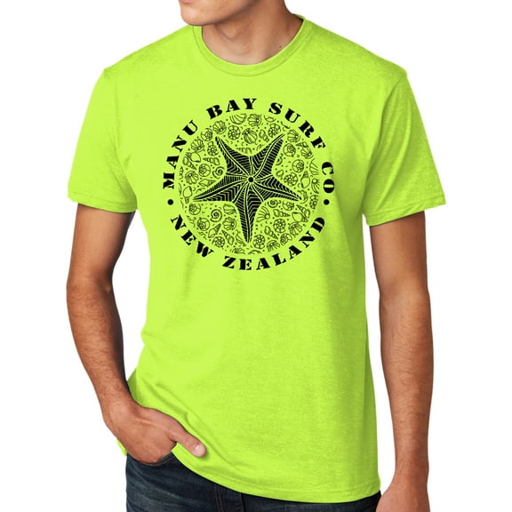 Manu Bay Surf Company BLACK STARFISH Mens High Visibility Surfing T-shirt, Medium Neon Yellow