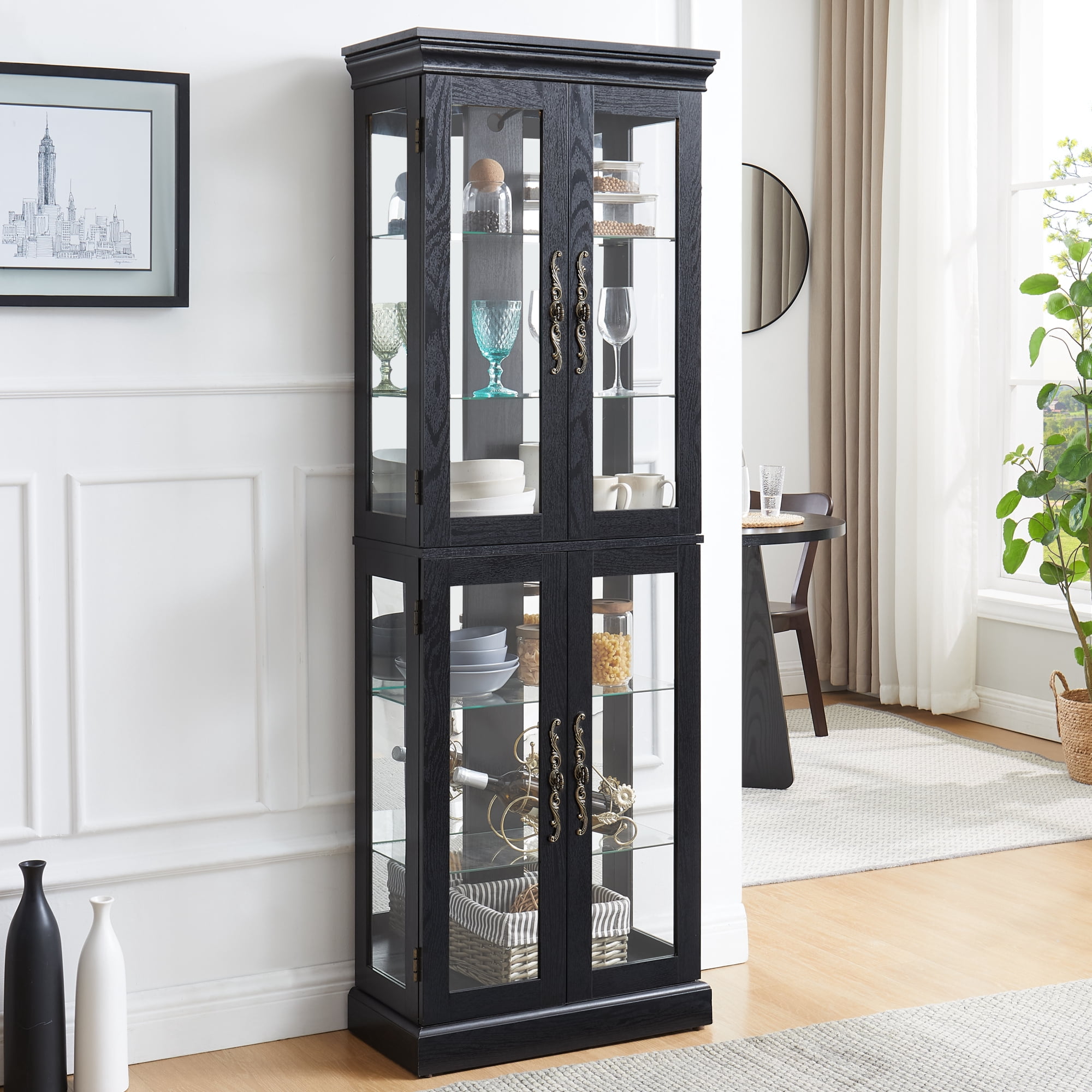 Leumius Lighted Glass Curio Display Cabinet, Wood Frame 4 Glass Doors Storage Cabinet with Included Bulb, Glass Wine Cabinet Collectibles Toy Display Case for Living Room, Kitchen, Pantry,Black