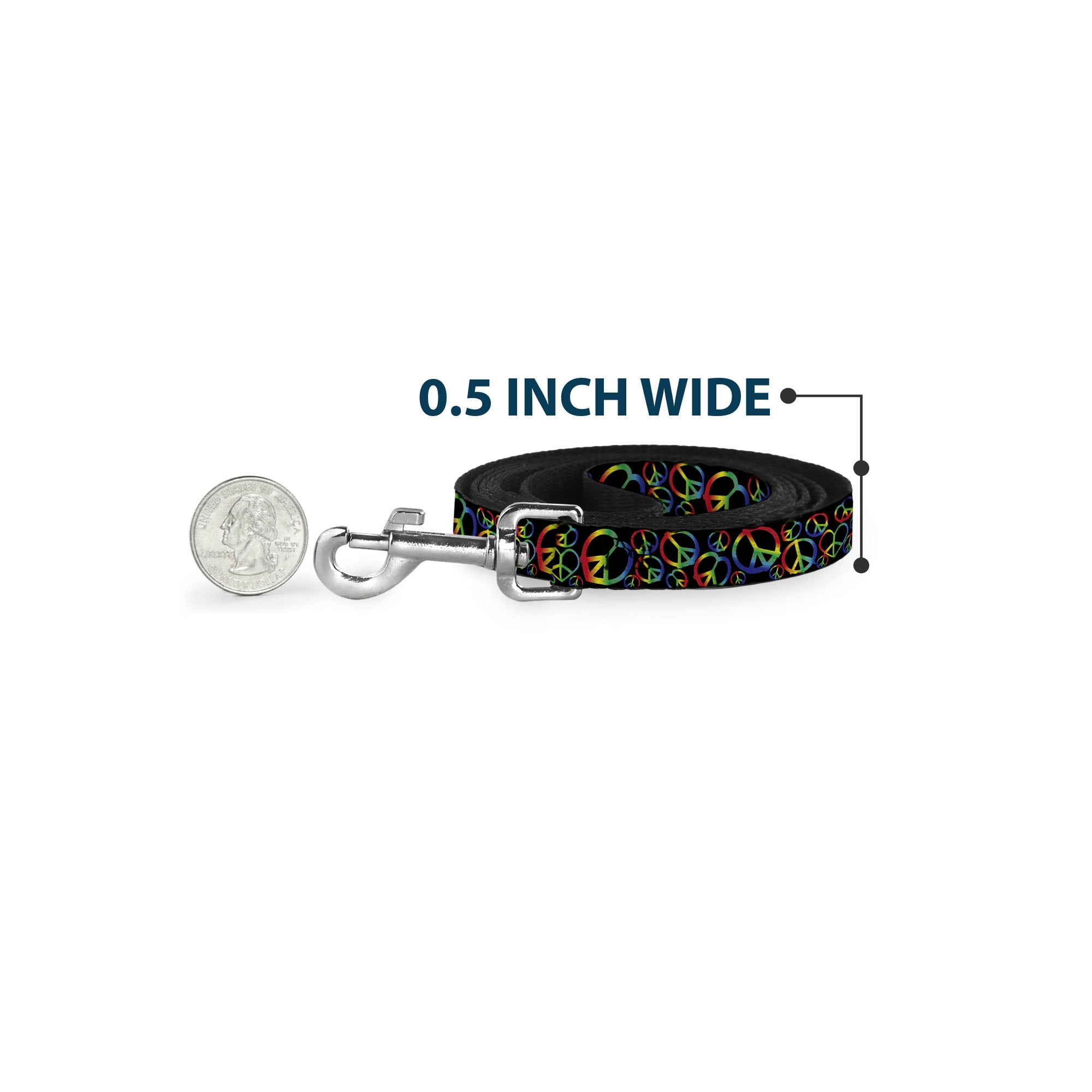 Buckle-Down Pet Leash, Dog Leash, Peace Heart Black Rainbow Ombre, 6 Feet Long 1.0 Inch Wide