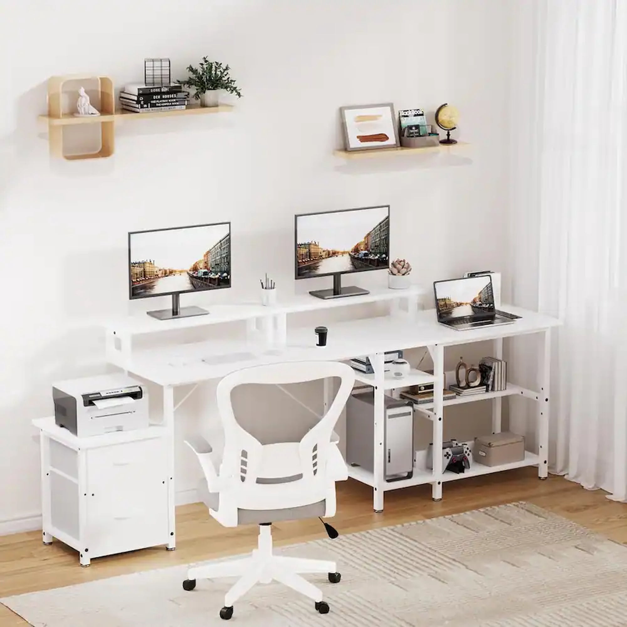 GTPLAYER L Shape Office Desk with File Drawers&Power Outlet, 69.3 Inch Reversible 2 Person Desk,Corner L Shape or Long Desk Set up,Monitor Stand &Storage Shelves, LED Lights &CPU Stand