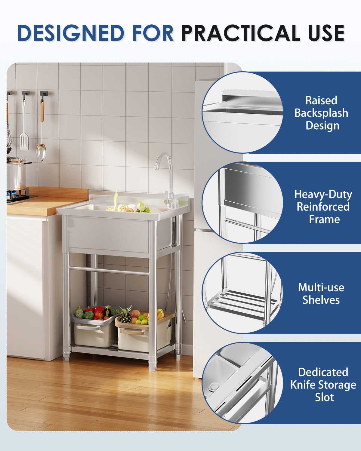 JFHID Stainless Steel Utility Sink, Free Standing Single Bowl Commercial Kitchen Sinks with Faucet & Shelf for Laundry Tub Restaurant Garage or Outdoor Use