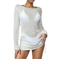 thumbnail image 1 of Womens Swimsuit Cover Up Crochet Coverups Hollow Out Long Sleeve Drawstring Bathing Suits Swim Coverup, 1 of 4