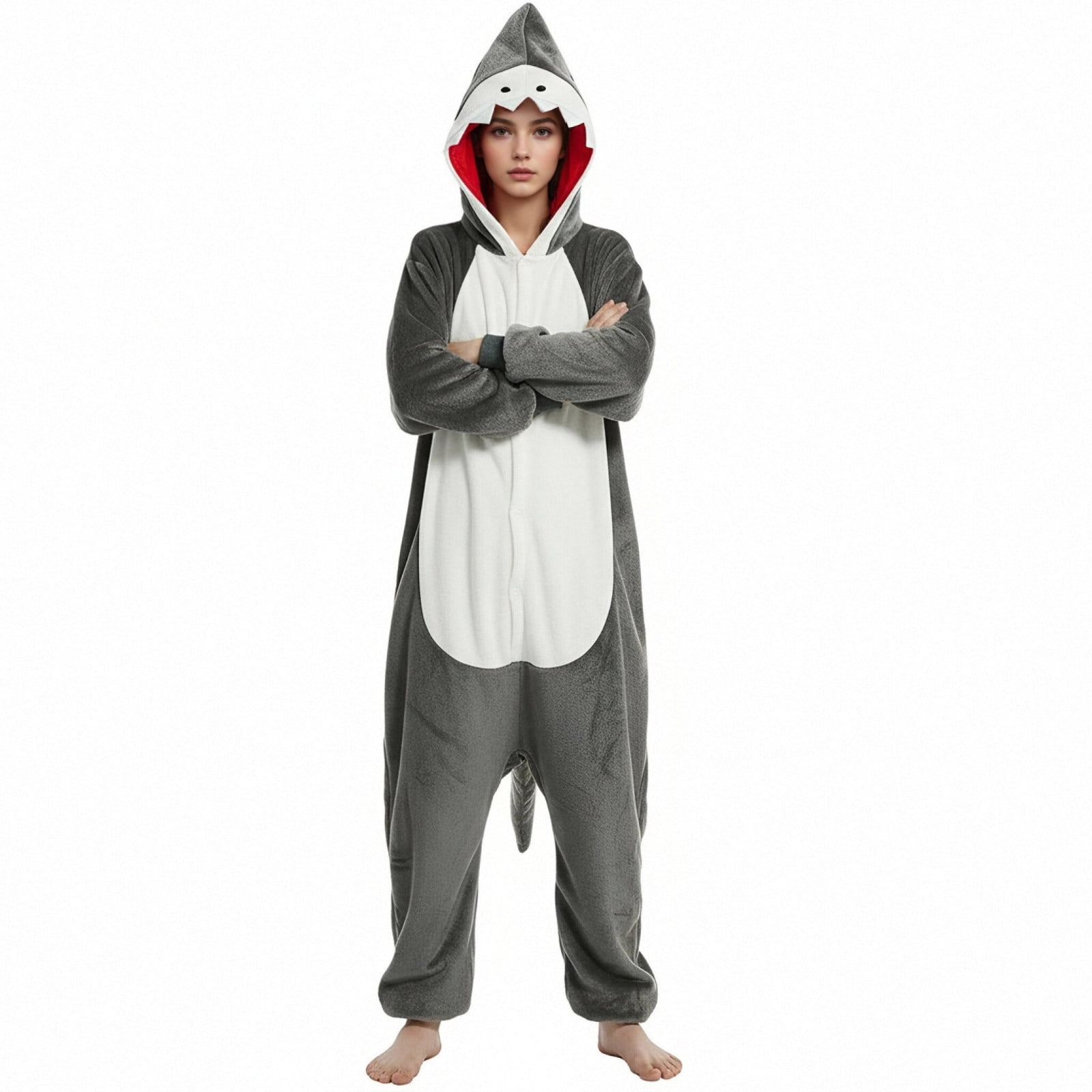 Fjofpr Pajamas Jumpsuits for Women Plus Size Fleece Fluffy Sleepwear Zip up Hooded Plush Rompers Cute Shark One Piece Fashion Pajamas Hooded Long-sleeved Pajamas Home Clothing Pajamas Gray M