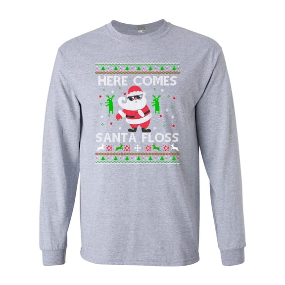 Long Sleeve Adult T-Shirt Here Comes Santa Floss Dance Christmas Funny DT