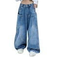 thumbnail image 2 of ATOGUTA Girls Jeans Baggy Denim Pants Elastic High Waist Wide Leg Jeans with Pockets Size 4T-15, Blue, 2 of 5