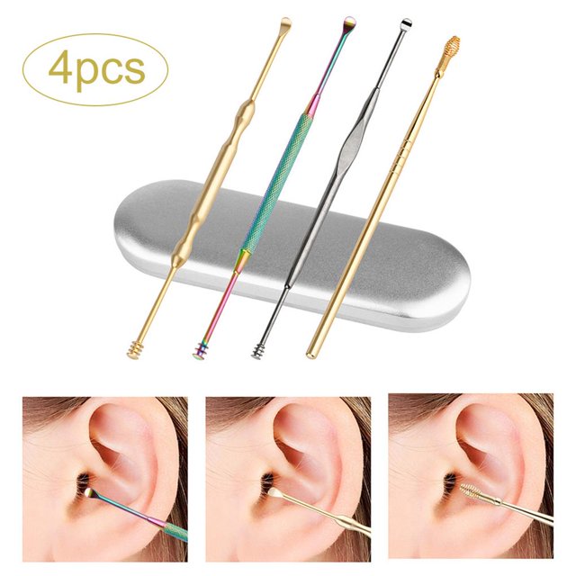 fastboy 4Pcs Double-Headed Earpicks Set Stainless Steel Earpick Wax Remover Earwax Cleaning Tools