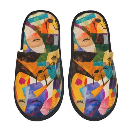 Balery Abstract Musical Faces Slient Indoor Furry Fleece Comfort House Shoes Soft Non-Slip Home Shoes Cotton slippers House Slippers-- Large