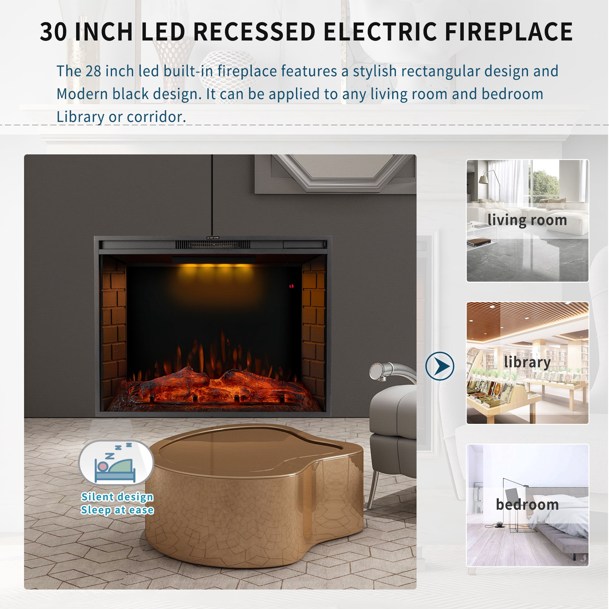 EUROCO 30 inch LED Recessed Electric Fireplace with 3 Top Light Colors, Remote Control, Adjustable Heating, and Touch Screen 1500W, Black