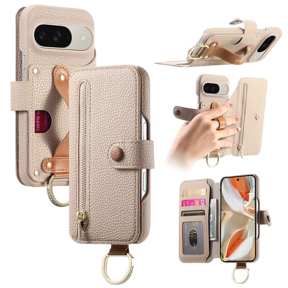 Wallet Case For Google Pixel 10 /10 Pro with Zipper Pocket RFID Blocking Card Holder, Premium PU Leather Folio Cover Handle Strap Kickstand with Ring Holder Grip Shockproof Case,Khaki