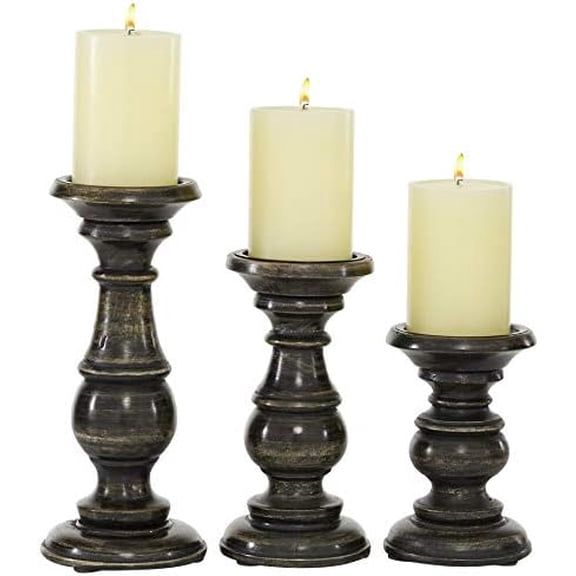 Mango Wood Decorative Candle Holder Distressed Turned Pillar Candle Stand, Set of 3 Candlestick Holder 6", 8", 10"H, Black