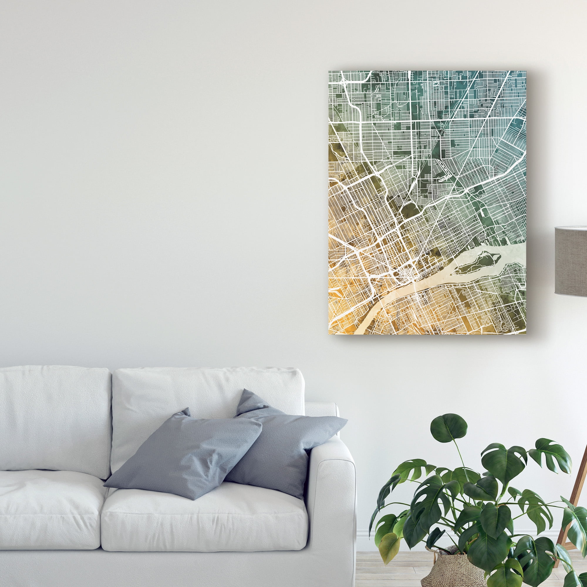 Trademark Fine Art 'Detroit Michigan City Map Teal Orange' Canvas Art by Michael Tompsett
