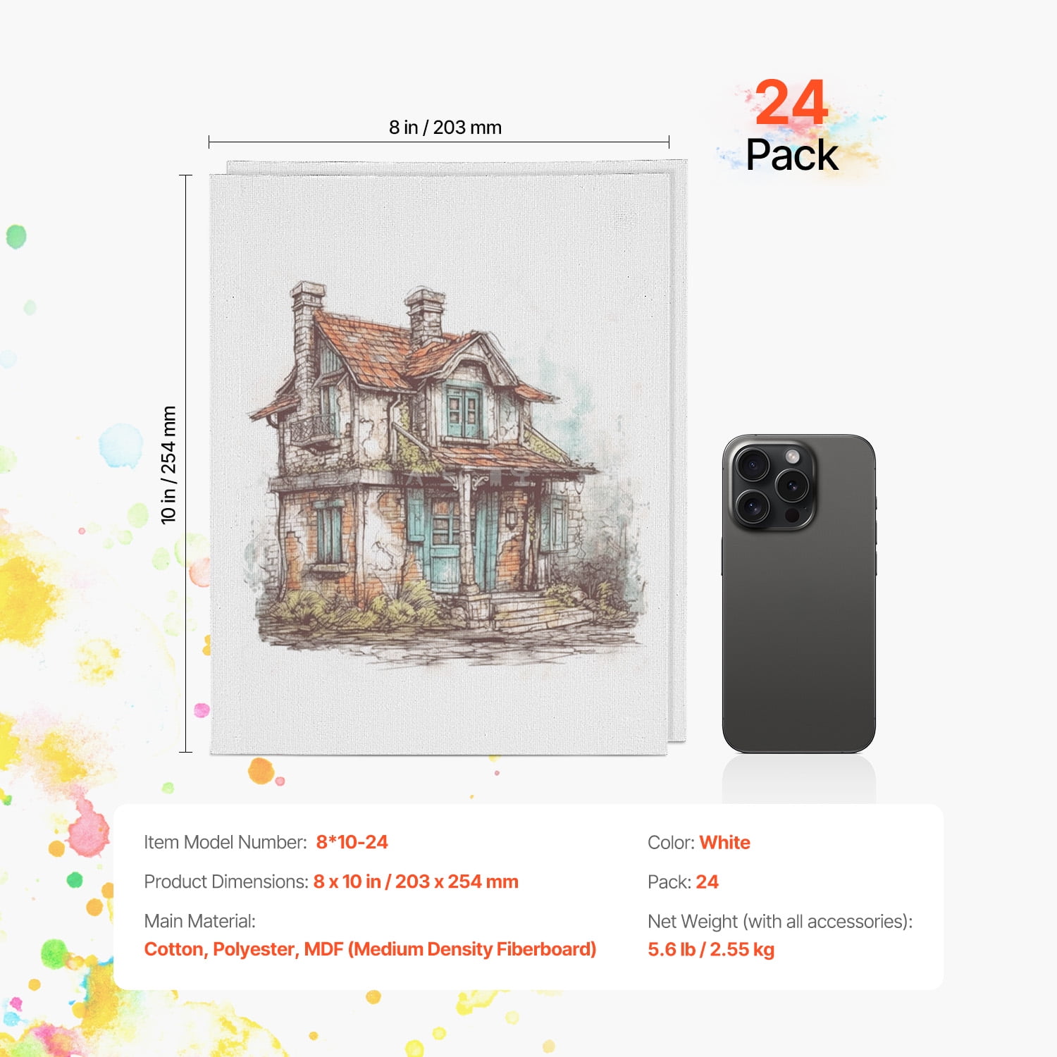 KFFKFF Art Canvas Panels, 8x10 Inch White Painting Surfaces, Set of 24, Suitable for Sketching, Acrylic, Oil Painting, Watercolor, Ideal for Children and Professional Artists