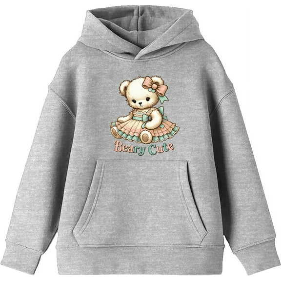 Beary Cute Teddy Bear Boy's Heather Gray Long Sleeve Hoodie-Medium