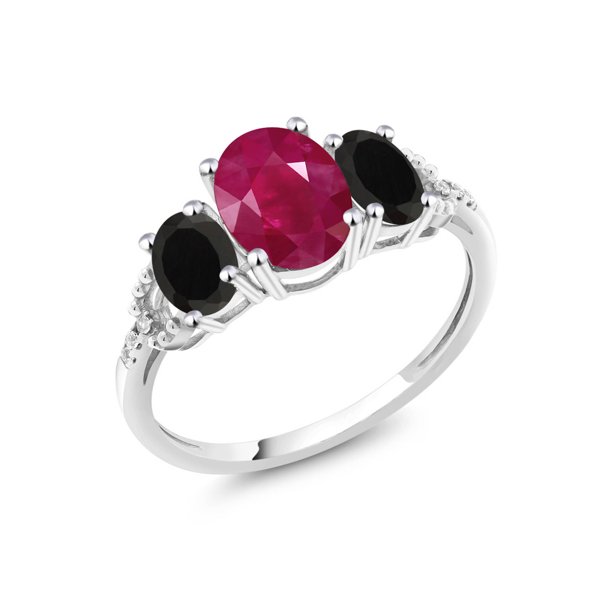 Gem Stone King 10k White Gold Diamond Accent Three Stone Engagement Ring Set With 2 43 Ct Oval Red Ruby Black Onyx Walmart Com Walmart Com