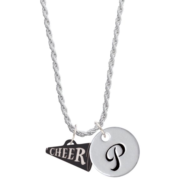 Delight Jewelry Acrylic 3/4" Black Cheer Megaphone Silvertone Script Initial Disc - P - Charm Necklace, 20" 3"