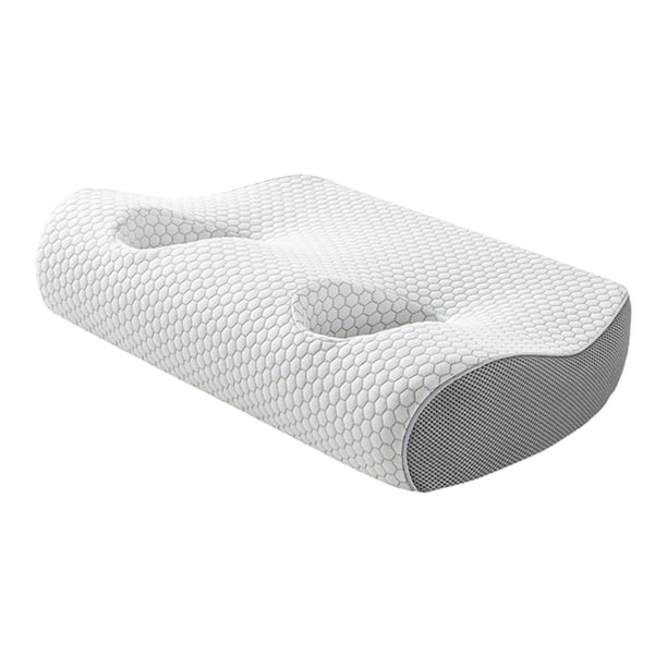 Almohada cervical de espuma viscoelástica con orificios para las orejas, ergonómica, cómoda para dormir de lado. Gris