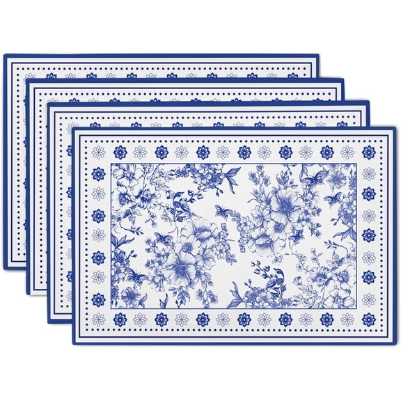 Navy Blue Floral Placemats Set of 4 Chinoiserie Place Mats Washable Rustic Flower Table Mats for Home Kitchen Dining Holiday Party Indoor Decor 12 x 18 Inch
