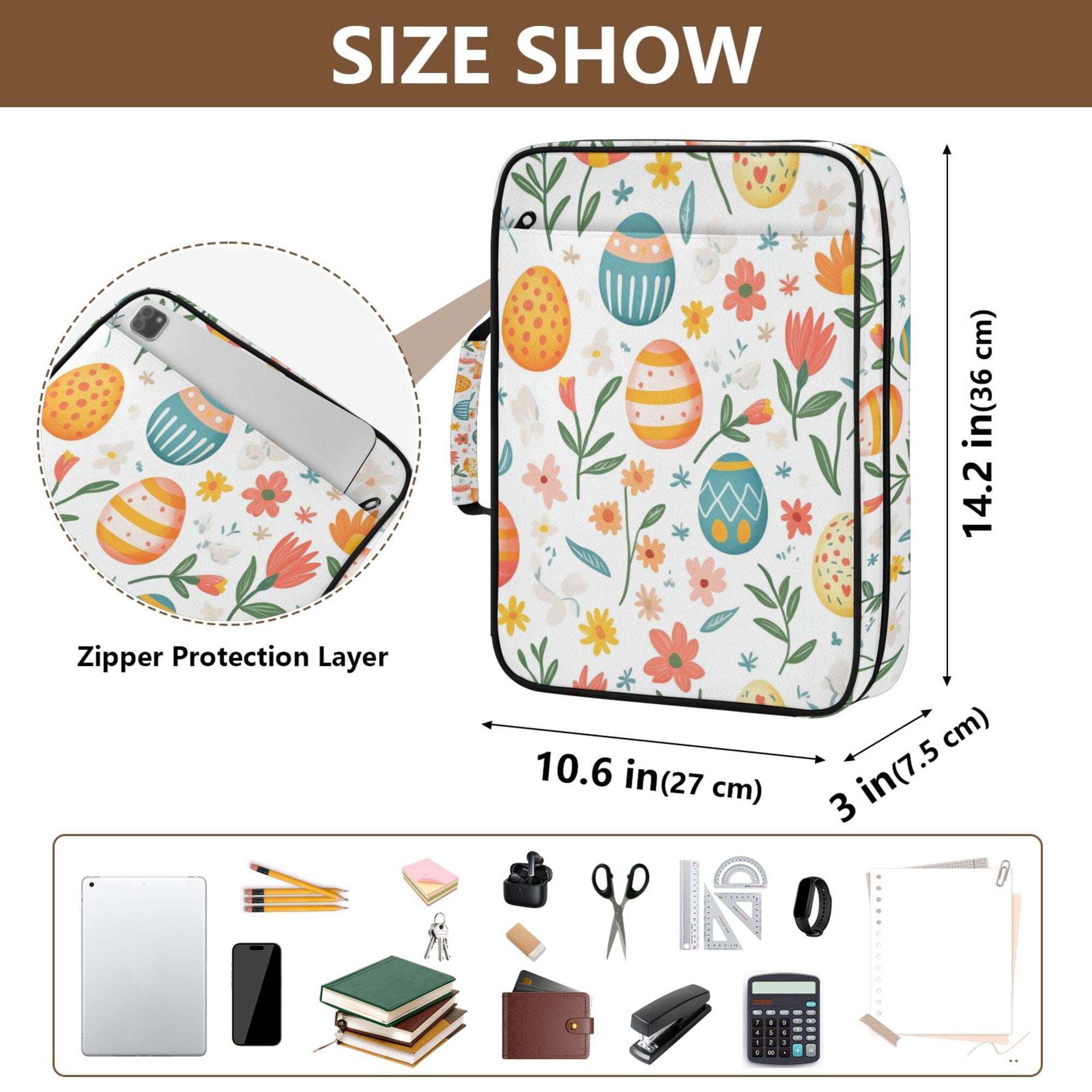 FORMRS Accordion File Folder A4 Size 7-Pocket Expanding Document Organizer Bag with 3 Ring Binder, Floral Easter Eggs