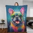 thumbnail image 3 of Hippie French Bulldog Portrait oil painting Watercolor Tie-dye Vintage Cozy Fleece Blanket Dog Lover Gifts Warm Soft Throw Blanket - 00015, 3 of 5