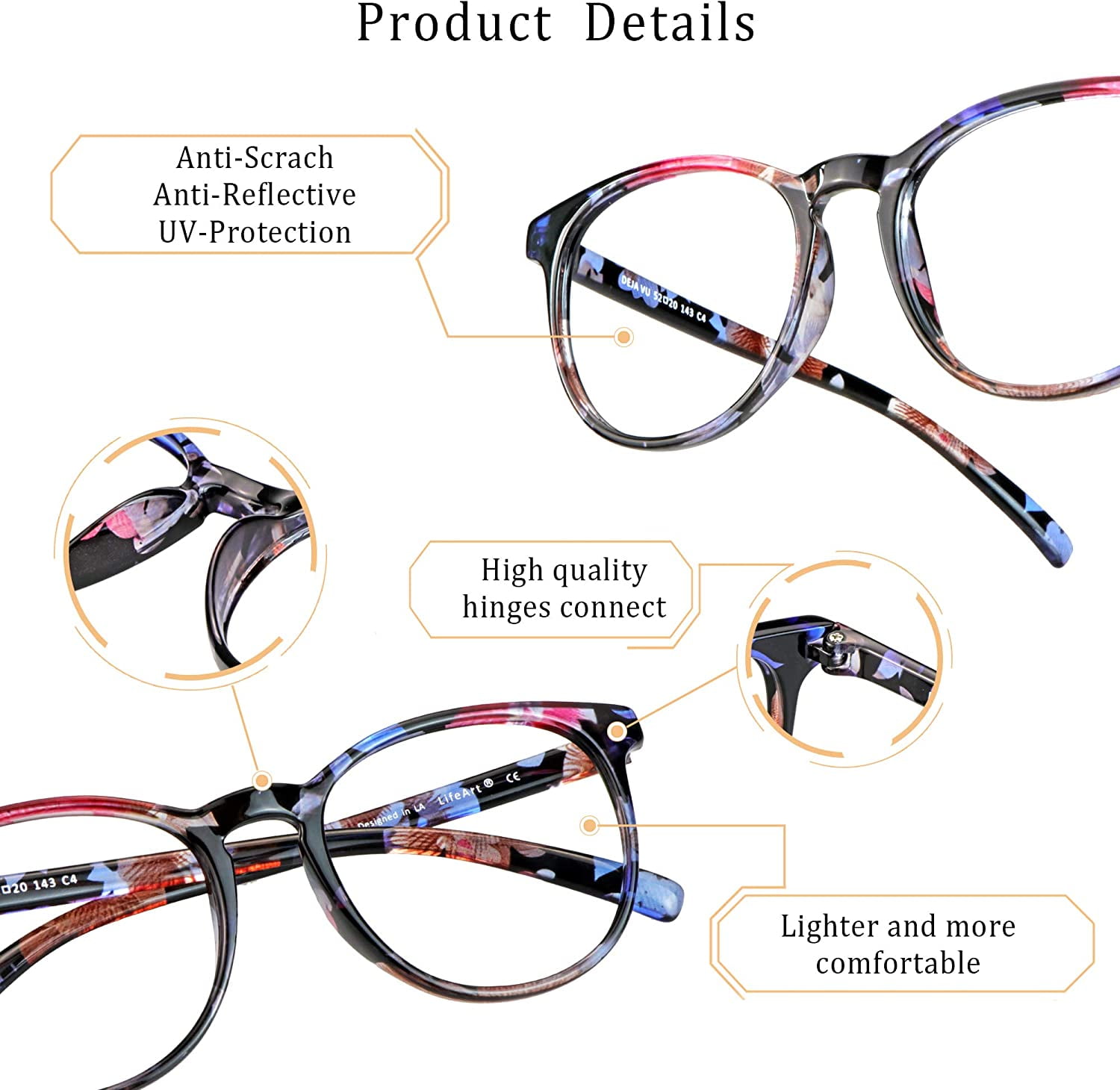 LifeArt Bifocal Reading Glasses, Transition Photochromic Dark Grey Sunglasses, Oval Frame, Computer Reading Glasses, Anti Glare (Blue Floral, +0.00/+2.50 Magnification)