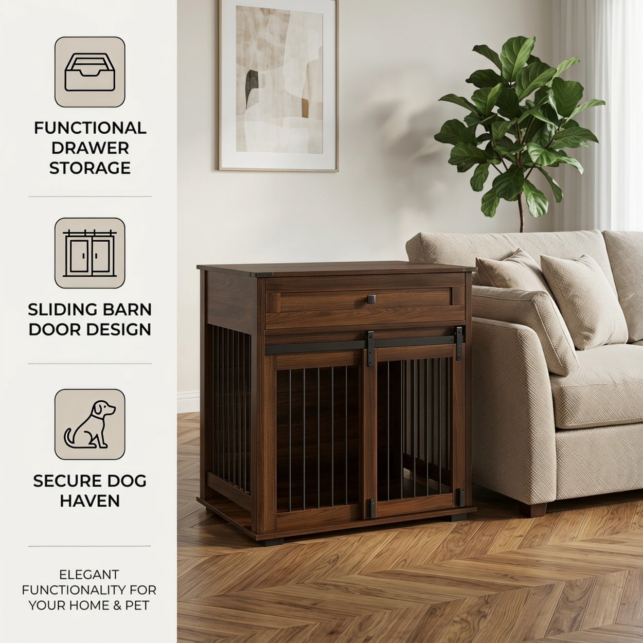 Dog Crate Furniture with Sliding Barn Door, Storage Drawer & Metal Bars, Heavy Duty Indoor Kennel End Table for Small & Medium Dogs, Walnut
