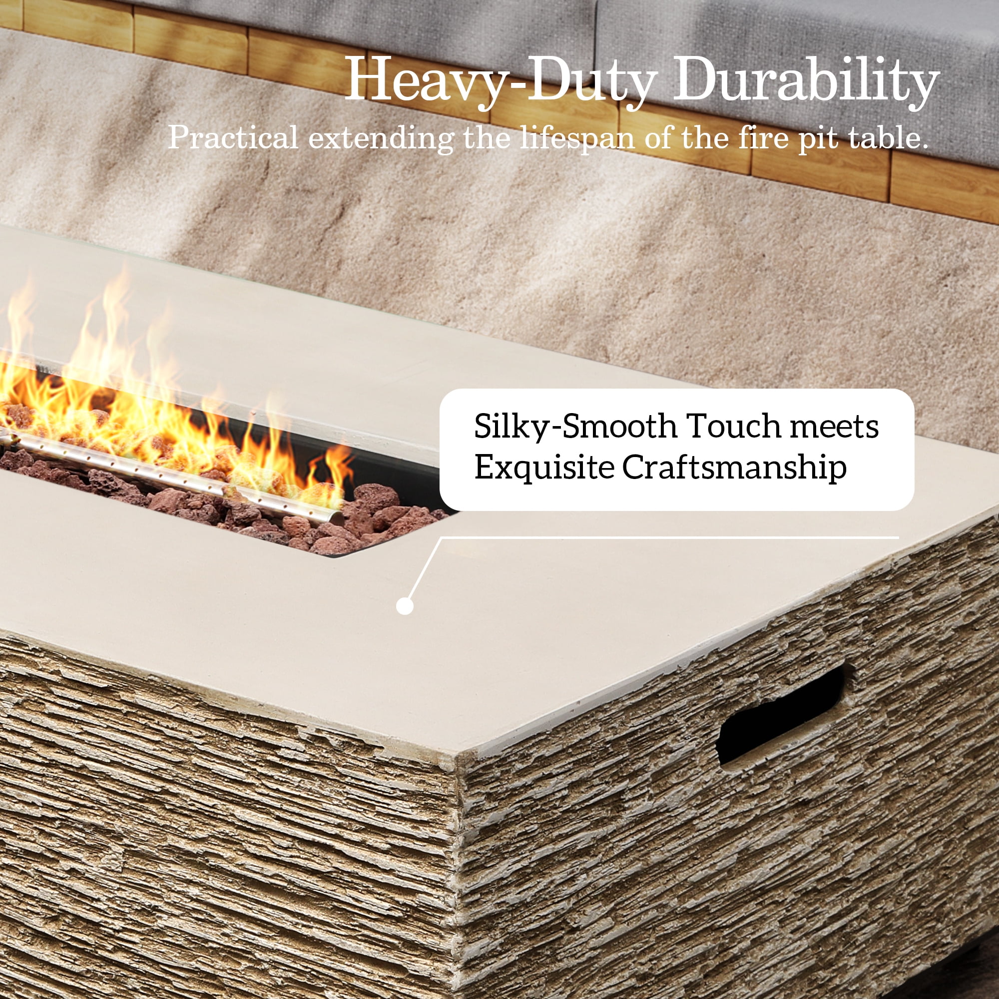 UPHA 56-inch Outdoor Propane Rectangle Fire Pit Table 50000 BTU Gas Concrete FirePit for Outside Patio with Lava Rocks, Rain Cover, Beige