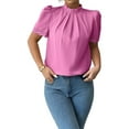 thumbnail image 2 of Women'S Summer Boho Shirt Short Sleeve Frill Trim Mock Neck Floral Solid 2025 Casual Blouses Shirts Tops Pink L, 2 of 8
