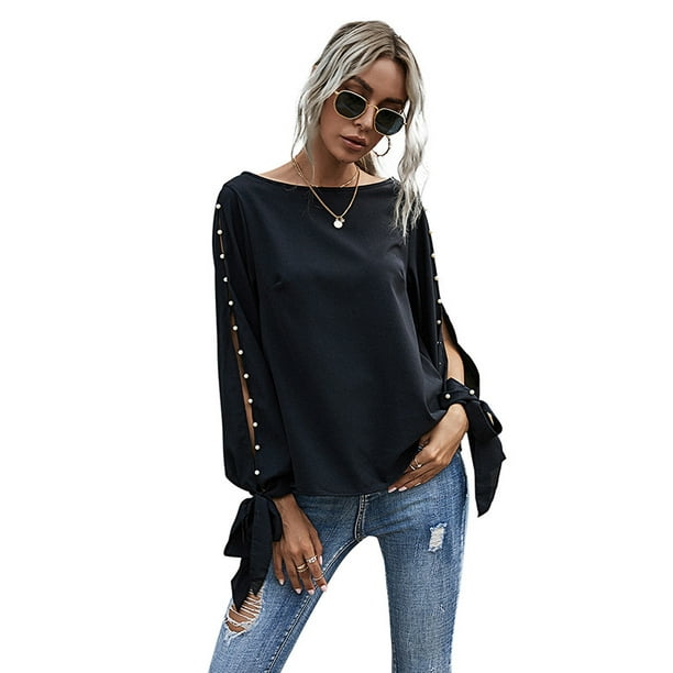 Women's Beading Open Sleeve Blouse O Neck Solid Color Fashion Shirt Top  Casual Slim Blouse 