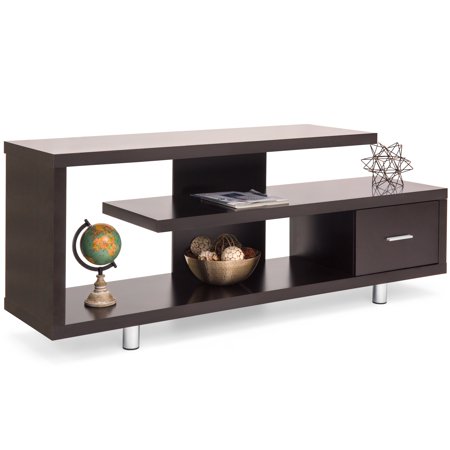 - Best Choice Products Living Room Home Entertainment Systems Media Console TV Stand Storage Cabinet Display w/ 3 Shelves, Sliding Drawer - Brown