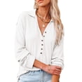 thumbnail image 2 of Blusa informal de cuello vuelto, color blanco, talla L, elegante blusa de punto con cuello en V y manga larga para mujer, 2 of 6
